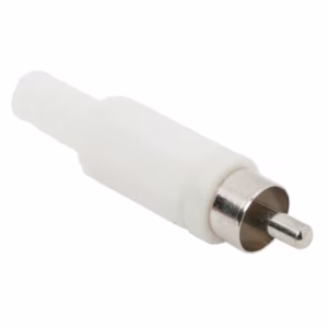 mufa rca tata din plastic alb cu protectie pentru cablu